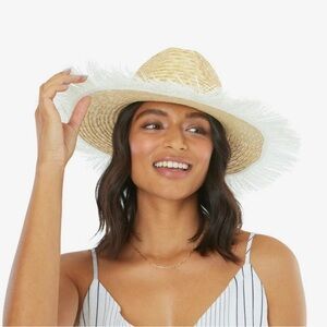 New Kensie Straw Hat Tan White Fringe NWT One Size Coastal